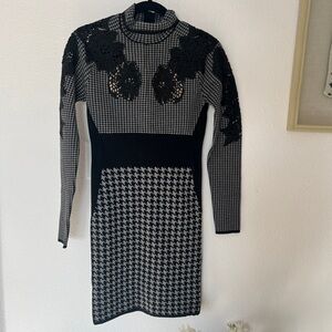 Stella McCartney Grey Houndstooth Patterned Wool and Lace Inset Dress